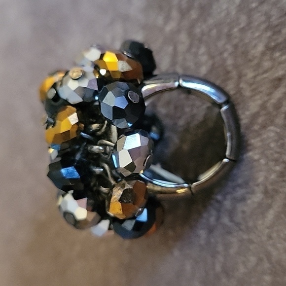 Vtg Gunmetal Aurum Beaded Bauble Chunky Stretch Statement Ring - Picture 4 of 5